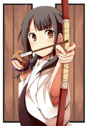Rule 34 | 10s, 1girl, archery, arrow (projectile), bow (weapon), brown hair, drawing bow, frown, gloves, holding bow (weapon), japanese clothes, kyuudou, muneate, okita sawa, partially fingerless gloves, partly fingerless gloves, single glove, solo, soto miyako, tari tari, twintails, weapon, yugake