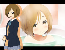 Rule 34 | 1girl, bathing, bathtub, brown eyes, brown hair, completely nude, extra, k-on!, kakiuchi itsuki, kinoshita shizuka, letterboxed, nude, own hands clasped, own hands together, school uniform, short hair, steam, sweat, wet, wet hair
