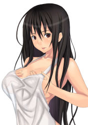 Rule 34 | 1girl, :p, black hair, breasts, brown eyes, covering privates, covering breasts, female focus, long hair, looking at viewer, muffin (sirumeria), no bra, original, see-through, shirt, simple background, solo, tongue, tongue out, upper body, white background