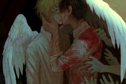 Rule 34 | 2boys, angel, angel wings, black eyes, black hair, bleeding, blonde hair, blood, blood on arm, blood on clothes, blood on face, extra hands, fingernails, grabbing, hand on another&#039;s face, highres, injury, looking at another, male focus, multiple boys, original, parted lips, reaching, reaching towards viewer, shida 7, sleeves rolled up, teeth, torn, torn clothes, upper body, upper teeth only, wings, yaoi