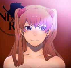 Rule 34 | &gt;:|, 1girl, :|, bad id, bad pixiv id, bare shoulders, brown eyes, closed mouth, female focus, gradient background, kosame daizu, long hair, neon genesis evangelion, nerv, orange hair, solo, souryuu asuka langley, twintails, two side up, upper body, v-shaped eyebrows