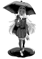 Rule 34 | 1girl, black survival, blood, blood bag, choker, cross, cross necklace, fishnet pantyhose, fishnets, full body, greyscale, highres, holding, holding umbrella, jacket, jacket partially removed, jewelry, long sleeves, looking at viewer, mask, miniskirt, mnnnya, monochrome, mouth mask, necklace, off shoulder, pantyhose, pleated skirt, pool of blood, print mask, shirt, shoes, simple background, skirt, solo, standing, thighhighs, umbrella, walking, white background