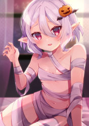 Rule 34 | 1girl, :d, bare shoulders, bed sheet, blurry, blurry background, blush, breasts, collarbone, commentary request, curtains, depth of field, ebihara beniko, groin, hair between eyes, hand up, highres, jack-o&#039;-lantern, kokkoro (princess connect!), mummy costume, navel, open mouth, pointy ears, princess connect!, red eyes, silver hair, sitting, small breasts, smile, solo, transparent, window