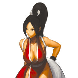 Rule 34 | 1girl, bare shoulders, black hair, breasts, cleavage, fatal fury, highres, ninja, nona, official art, pelvic curtain, ponytail, shiranui mai, snk, solo, svc chaos, the king of fighters, upper body