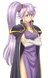 Rule 34 | 1girl, breasts, cape, cleavage, cowboy shot, crossed arms, dress, elbow gloves, expressionless, fire emblem, fire emblem: genealogy of the holy war, gloves, ibushi (oath), ishtar (fire emblem), light purple hair, long hair, medium breasts, nintendo, purple dress, purple eyes, side ponytail, side slit, simple background, solo, standing, white background, white gloves