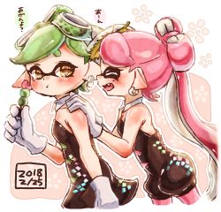 Rule 34 | + +, 2girls, :t, bad id, bad twitter id, black dress, black jumpsuit, brown eyes, callie (splatoon), closed eyes, closed mouth, commentary, cousins, dango, dated, detached collar, dress, earrings, eating, facing another, food, food on head, from side, gloves, green hair, hands on another&#039;s shoulders, harutarou (orion 3boshi), highres, holding, holding food, inkling, jewelry, jumpsuit, leaf, leaf on head, leaning forward, long hair, looking at viewer, marie (splatoon), mole, mole under eye, multiple girls, nintendo, object on head, open mouth, pantyhose, pink hair, pink legwear, pointy ears, sanshoku dango, short dress, short hair, short jumpsuit, smile, sparkle, splatoon (series), splatoon 1, standing, strapless, strapless dress, tentacle hair, translated, wagashi, white gloves