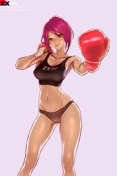 Rule 34 | 1girl, bikini, bikini bottom only, boxing gloves, boxing ring, breasts, cleavage, covered erect nipples, highres, navel, pink hair, shirt, swimsuit, tank top, taut clothes, taut shirt, yellow eyes, zx-77