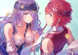Rule 34 | 2girls, anbe yoshirou, braid, breasts, camilla (fire emblem), cleavage, coin, fire emblem, fire emblem fates, fire emblem heroes, hair over one eye, headband, highres, hinoka (fire emblem), long hair, looking at viewer, multiple girls, nintendo, official alternate costume, purple eyes, purple hair, red eyes, red hair, scarf, short hair, smile, upper body, white scarf