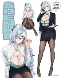 Rule 34 | 1girl, absurdres, adjusting eyewear, aqua eyes, artist name, black pantyhose, black skirt, blush, bra, braid, breasts, breasts out, character name, cleavage, dismaiden, genshin impact, glasses, green bra, grey hair, hair ornament, hair over one eye, highres, large breasts, long hair, looking at viewer, looking to the side, low-braided long hair, low-tied long hair, office lady, open clothes, open shirt, pantyhose, parted lips, pencil skirt, shenhe (genshin impact), shirt, sitting, skirt, smile, solo, standing, underwear, white background, white hair, white shirt