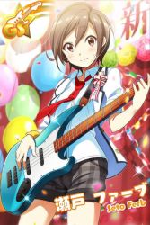 Rule 34 | 1girl, artist request, balloon, bass guitar, brown eyes, brown hair, card (medium), character name, collared shirt, confetti, guitar, holding, instrument, jacket, loose necktie, navel, necktie, official art, playing instrument, seto ferb, shirt, short hair, shorts, solo, tokyo 7th sisters, white shirt, wristband