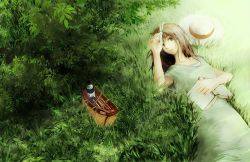 Rule 34 | 1girl, bad id, bad pixiv id, bag, book, brown eyes, brown hair, bug, dragonfly, from above, grass, bug, long hair, lying, on back, on grass, on ground, original, solo, yoshidaworks