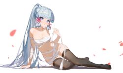 Rule 34 | 1girl, absurdres, arm support, ayaka (genshin impact), bandages, bandeau, bare shoulders, black thighhighs, blhazx, blue eyes, blue hair, blunt bangs, chest sarashi, commentary request, genshin impact, hair tubes, highres, long hair, looking at viewer, navel, no shoes, ponytail, sarashi, sidelocks, simple background, solo, stomach, thighhighs, very long hair, white background