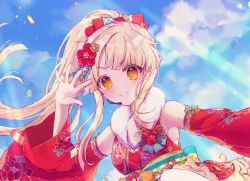 Rule 34 | 1girl, arm up, bang dream!, bare shoulders, bell, blonde hair, blue sky, blush, breasts, brown eyes, brown flower, closed mouth, cloud, commentary request, confetti, day, detached sleeves, floating hair, floral print, flower, fur collar, hair flower, hair ornament, headset, highres, japanese clothes, jingle bell, kimono, long hair, long sleeves, obi, outdoors, ponytail, poyo (shwjdddms249), print kimono, red flower, red kimono, sash, sky, sleeveless, sleeveless kimono, small breasts, smile, solo, sweat, tsurumaki kokoro, very long hair, wide sleeves