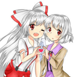 Rule 34 | 2girls, :d, bad id, bad twitter id, bow, braid, cheunes, french braid, fujiwara no mokou, hair bow, heart, heart hands, heart hands duo, kishin sagume, long hair, multiple girls, one eye closed, open mouth, red eyes, short hair, simple background, single wing, smile, suspenders, touhou, white background, white hair, wings