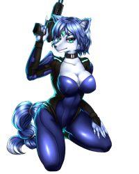 Rule 34 | 1girl, absurdres, artist request, blue hair, blush, breasts, brush, curvy, covered erect nipples, furry, glass, green eyes, highres, krystal, large breasts, nintendo, short hair, star fox, tail, third-party edit