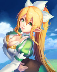 Rule 34 | 10s, 1girl, blonde hair, breast hold, breasts, cleavage, diamond dust, green eyes, highres, large breasts, leafa, long hair, pointy ears, ponytail, solo, sword art online