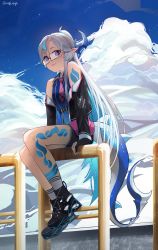 Rule 34 | 1boy, absurdres, arm tattoo, bare shoulders, belt, black jacket, black shorts, blue eyes, blue hair, blue sky, closed mouth, cloud, commentary, commission, english commentary, fingerless gloves, fins, fish tail, glasses, gloves, highres, indie virtual youtuber, jacket, leg tattoo, long hair, long sleeves, lufi ays, male focus, multicolored hair, necktie, pointy ears, second-party source, shark tail, short shorts, shorts, sitting, sky, socks, solo, tail, tattoo, trap, valtameri via, virtual youtuber, white hair