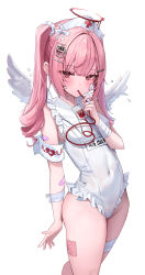 Rule 34 | 1girl, absurdres, angel wings, arm at side, armband, bandaged arm, bandages, bandaid, bandaid on arm, blood, blood bag, blood halo, blush, clothes writing, commentary, covered navel, drinking, flying sweatdrops, gauze, hair ornament, hairclip, halo, hand up, hat, heart, highres, liquid halo, looking at viewer, mole, mole under eye, nurse cap, one-piece swimsuit, original, pill, pink eyes, pink hair, scratches, self-harm, sidelocks, simple background, solo, sweatdrop, swimsuit, twintails, vampire, white background, white one-piece swimsuit, white wings, whitebc, wings