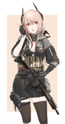 Rule 34 | 1girl, 40mm grenade, assault rifle, bandana, black bra, bra, breasts, cleavage, commentary, eotech, fang, muzzle device, flashlight, fpdlenl011, girls&#039; frontline, gloves, gun, hair between eyes, hand on own hip, highres, holster, jacket, load bearing equipment, long hair, looking at viewer, m4 carbine, m4 sopmod ii, m4 sopmod ii (girls&#039; frontline), magazine (weapon), magpul, mechanical arms, multicolored hair, open clothes, open jacket, open mouth, photoshop (medium), pink hair, playing with own hair, pouch, prosthesis, prosthetic arm, red eyes, red hair, rifle, sidelocks, single mechanical arm, skindentation, sleeves rolled up, solo, streaked hair, thighhighs, trigger, underwear, weapon