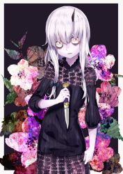 Rule 34 | 1girl, albino, arm at side, bags under eyes, black background, black bow, black dress, border, bow, closed mouth, colored skin, constricted pupils, cowboy shot, dagger, dress, eyebrows, fate/grand order, fate (series), flat chest, floral background, flower, hair between eyes, hair bow, holding, holding dagger, holding knife, holding weapon, horns, knife, lavinia whateley (fate), leaf, long hair, long sleeves, looking away, looking to the side, nose, oriharaizaya819, pink eyes, polka dot, polka dot bow, ribbed dress, single horn, solo, standing, straight hair, weapon, white hair, white skin, wide-eyed
