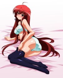 Rule 34 | 00s, 1girl, absurdres, ahoge, ass, bed, bra, covered erect nipples, highres, himuro akari, huge filesize, incredibly absurdres, lingerie, long hair, lying, night wizard, panties, red eyes, red hair, solo, sugimura tomokazu, thighhighs, underwear