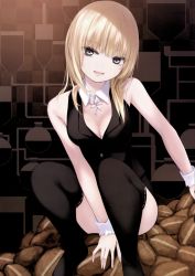 Rule 34 | 1girl, absurdres, bare shoulders, black thighhighs, blonde hair, blue eyes, breast hold, breasts, buttons, cleavage, coffee-kizoku, coffee beans, detached collar, feet, full body, head tilt, highres, leotard, long hair, looking at viewer, medium breasts, medium hair, mele retanagua, open mouth, original, parted lips, scan, simple background, sleeveless, smile, solo, thighhighs, thighs, wrist cuffs