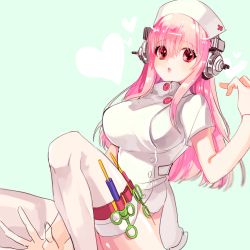 Rule 34 | 1girl, :o, bad id, bad pixiv id, breasts, female focus, hat, headphones, large breasts, long hair, looking at viewer, nitroplus, no panties, nurse, nurse cap, open mouth, pink hair, platina77, red eyes, solo, super sonico, syringe, thighhighs
