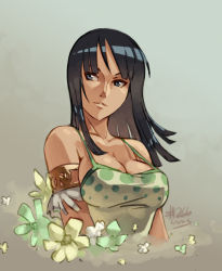 Rule 34 | 1girl, 2013, armlet, bare shoulders, black hair, blue eyes, breasts, cleavage, dated, junkpuyo, large breasts, light smile, long hair, nico robin, one piece, solo, spaghetti strap, strap gap, taut clothes, upper body