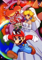 Rule 34 | 1girl, 2boys, bad id, bad twitter id, blonde hair, bouquet, bowser, breasts, bridal veil, brown hair, cappy (mario), claws, cleavage, dress, earth (planet), elbow gloves, facial hair, fangs, flower, furry, furry male, gloves, hat, highres, horns, looking at viewer, mario, mario (series), monster boy, multiple boys, mustache, nintendo, overalls, piranha plant, planet, princess peach, princess peach (wedding), red hair, robaato, spikes, super mario odyssey, tiara, top hat, veil, wedding dress, white gloves