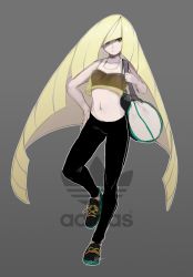 Rule 34 | 10s, 1girl, adidas, bag, bare arms, blonde hair, branded, collarbone, creatures (company), full body, game freak, green eyes, grey background, hand on own hip, highres, long hair, lusamine (pokemon), mature female, midriff, multicolored hair, navel, nintendo, pants, pokemon, pokemon sm, shoes, sleeveless, solo, standing, standing on one leg, streaked hair, sweatpants, very long hair, zambiie
