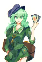 Rule 34 | 1girl, :d, blue hat, box, breasts, cabbie hat, camouflage, camouflage shirt, camouflage skirt, card, collarbone, commentary request, cowboy shot, eyes visible through hair, green eyes, green hair, green shirt, green skirt, hand in pocket, hand up, hat, highres, holding, holding card, kaliningradg, key, light blush, long hair, looking at viewer, open mouth, petticoat, rainbow gradient, shirt, simple background, skirt, skirt set, sleeves past elbows, small breasts, smile, solo, standing, swept bangs, tilted headwear, touhou, white background, yamashiro takane