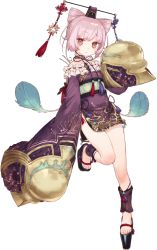 Rule 34 | 1girl, ankle wrap, atelier (series), atelier sophie, bare legs, brown eyes, clog sandals, cone hair bun, corneria (atelier), expressionless, feathers, female focus, flat chest, frills, full body, hair bun, hair rings, japanese clothes, kimono, legs, noco (adamas), official art, pelvic curtain, pink hair, platform clogs, purple skirt, short hair, short kimono, skirt, sleeves past wrists, solo, standing, standing on one leg, transparent background, white background