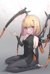 Rule 34 | 1girl, absurdres, arthropod girl, black pantyhose, blonde hair, blush, closed mouth, collarbone, extra legs, full body, highres, insect girl, mecha musume, oota youjo, original, pantyhose, red eyes, short hair, silk, sitting, solo, spider girl, spider web, wariza
