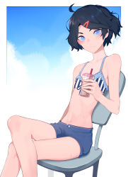 Rule 34 | 1boy, absurdres, ahoge, bare arms, bare legs, bare shoulders, bikini, black hair, blue background, blue eyes, border, chair, closed mouth, collarbone, commentary request, crossdressing, crossed legs, cup, drinking straw, feet out of frame, frilled bikini, frills, hair between eyes, hair ornament, hairclip, highres, holding, holding cup, indie virtual youtuber, kushizaki (vtuber), looking at viewer, male focus, navel, original, short hair, sitting, solo, st (youx1119), stomach, sweat, swimsuit, trap, virtual youtuber, white border
