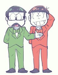 Rule 34 | 10s, 2boys, arm behind head, bad id, bad twitter id, black hair, bow, bowl cut, bowtie, brothers, formal, glasses, heart, heart in mouth, male focus, manzai, matching outfits, matsuno choromatsu, matsuno osomatsu, multiple boys, osomatsu-kun, osomatsu-san, osomatsu (series), pant suit, pants, red suit, sanjiro (tenshin anman), siblings, smile, standing, suit, traditional bowtie