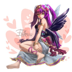 Rule 34 | 1girl, ankle lace-up, armlet, bangle, barefoot, bracelet, chain, chaos venus (p&amp;d), cross-laced footwear, green eyes, hair tubes, heart, jewelry, long hair, lots of jewelry, lying, multicolored hair, pink hair, purple hair, puzzle &amp; dragons, scotishfold, smile, solo, tiara, venus (p&amp;d), wings