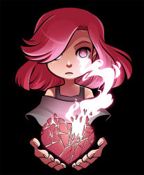 Rule 34 | 1girl, bad id, bad tumblr id, bare shoulders, black background, black undershirt, broken heart, female focus, hair intakes, hair over one eye, heart, holding, holding heart, mary cagle, off-shoulder shirt, off shoulder, original, pink eyes, pink hair, shirt, smoke, solo, tank top, undershirt, upper body