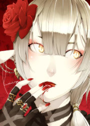 Rule 34 | 1girl, blood, blood on face, blunt bangs, choker, earrings, eyeshadow, fingerless gloves, flower, gloves, hair between eyes, hair flower, hair ornament, jewelry, kyo (kuroichigo), licking lips, lipstick, makeup, nail polish, original, pale skin, ponytail, portrait, red background, red lips, red nails, ring, rose, silver hair, slit pupils, solo, tongue, tongue out, vampire, yellow eyes
