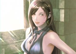 Rule 34 | 1girl, bare shoulders, black hair, blue dress, breasts, brown hair, cleavage, dress, earrings, final fantasy, final fantasy vii, final fantasy vii remake, highres, iwon 215, jewelry, large breasts, lips, long hair, neck ribbon, official alternate costume, ribbon, sleeveless, sleeveless dress, solo, square enix, tifa lockhart, tifa lockhart (refined dress), upper body, wall market