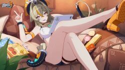 Rule 34 | 1girl, bare shoulders, bikini, bikini top only, blue shorts, breasts, brown hair, candy, feet, food, full body, gloves, grey eyes, hat, highres, honkai (series), honkai impact 3rd, legs, lollipop, long hair, looking at viewer, medium breasts, nail polish, official alternate costume, official art, official wallpaper, orange nails, pirate hat, pointing, pointing up, sandals, shorts, solo, swimsuit, toenail polish, toenails, vill-v