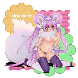 Rule 34 | 10s, 1girl, animal ears, bahun uni, bare shoulders, blush, breasts, chillaccino, cinccino, creatures (company), female focus, full body, game freak, gen 5 pokemon, heart, image sample, kneeling, long hair, navel, nintendo, no nipples, open mouth, panties, personification, pink eyes, pink hair, pixiv sample, pokemon, pokemon bw, resized, solo, tail, thighhighs, underboob, underwear, white background