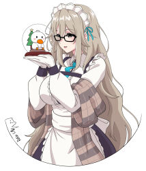 Rule 34 | 1girl, akane (blue archive), apron, blue archive, breasts, brown eyes, brown hair, brown shawl, commentary request, glasses, gloves, hair between eyes, halo, highres, large breasts, long hair, long sleeves, maid, maid apron, maid headdress, majinmallow, parted lips, plaid shawl, shawl, shoulder strap, sidelocks, simple background, snowman, solo, white background, white gloves