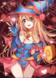Rule 34 | 1girl, :d, akira (ying), bare shoulders, blonde hair, blush, blush stickers, breasts, choker, cleavage, dark magician girl, detached sleeves, duel monster, female focus, gauntlets, green eyes, hat, highres, jewelry, large breasts, legs, long hair, looking at viewer, open mouth, pentacle, pentagram, skirt, smile, solo, staff, star (symbol), v, wand, wizard hat, yu-gi-oh!, yuu-gi-ou, yu-gi-oh! duel monsters