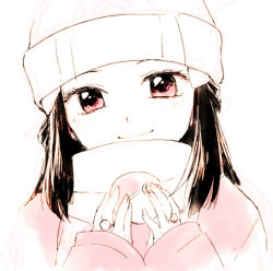 Rule 34 | 1girl, beanie, black hair, blush, closed mouth, coat, commentary request, creatures (company), eyelashes, game freak, hair ornament, hairclip, hands up, hat, holding, holding poke ball, jewelry, long hair, long sleeves, looking at viewer, nintendo, pink eyes, dawn (pokemon), poke ball, poke ball (basic), pokemon, pokemon adventures, ring, scarf, sleeves past wrists, smile, solo, upper body, yui ko