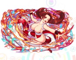 Rule 34 | 1girl, bare arms, bare legs, bare shoulders, breasts, brown eyes, brown hair, crash fever, fire, fire effect, hand fan, happy, ice, ice effect, looking at viewer, nipples, one eye closed, panties, ponytail, red panties, revealing clothes, sakura effect, shiranui mai, the king of fighters, third-party edit, underwear, wink
