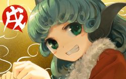 Rule 34 | 1girl, blush stickers, green eyes, green hair, grin, highres, komano aunn, long hair, looking at viewer, new year, paw pose, smile, solo, suna (s73d), teeth, touhou