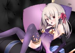 Rule 34 | 1girl, armlet, armor, bare shoulders, bikini armor, blush, breasts, collar, cosplay, couch, cushion, detached sleeves, dress, earrings, fate/grand order, fate/kaleid liner prisma illya, fate (series), hair ribbon, highres, illyasviel von einzbern, jewelry, kama (fate), kama (fate) (cosplay), kama (first ascension) (fate), long hair, looking at viewer, lying, metal collar, miniskirt, on back, open mouth, pei iriya, purple dress, purple skirt, purple sleeves, purple thighhighs, red eyes, ribbon, sidelocks, skirt, small breasts, solo, thighhighs, thighlet, white hair