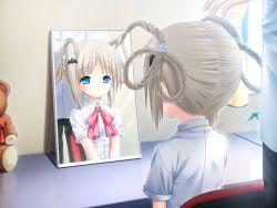Rule 34 | 1boy, 1girl, alternate hairstyle, bat (animal), blonde hair, blue eyes, bow, braid, braided hair rings, desk, dress shirt, flat chest, from behind, game cg, grey hair, hair ornament, hair rings, hair tie, hair up, hairpin, indoors, key (company), kud wafter, light smile, little busters!, long hair, mirror, na-ga, naoe riki, neck ribbon, noumi kudryavka, official art, pink ribbon, reflection, ribbon, ribbon collar, school uniform, shirt, short sleeves, sitting, smile, stuffed animal, stuffed toy, teddy bear, twin braids, twintails, very long hair