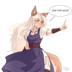 Rule 34 | 1girl, animal ear fluff, animal ears, artist name, black thighhighs, blue eyes, breasts, commentary, cowboy shot, english commentary, english text, fox ears, fox girl, fox tail, freckles, heterochromia, highres, light blush, long hair, losse (personal ami), original, parted lips, personal ami, pointing, sash, short sleeves, side slit, simple background, small breasts, solo, speech bubble, tail, teeth, thick eyebrows, thighhighs, very long hair, white background, white hair, yellow eyes