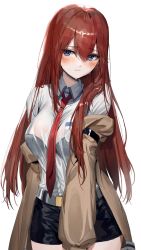 Rule 34 | 1girl, belt, black bra, black shorts, blue eyes, blush, bra, bra visible through clothes, breasts, brown coat, closed mouth, coat, collared shirt, cowboy shot, embarrassed, highres, long hair, long sleeves, looking at viewer, makise kurisu, medium breasts, necktie, open clothes, open coat, poharo, red hair, red necktie, see-through, shirt, short shorts, shorts, simple background, solo, steins;gate, underwear, very long hair, white background, white shirt